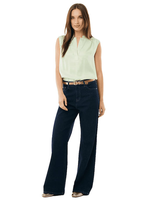 Women's Satin Sleeveless Top with V-Neck in Green