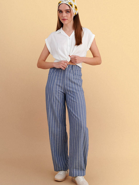 Women's High Rise Fabric Trousers Striped Blue
