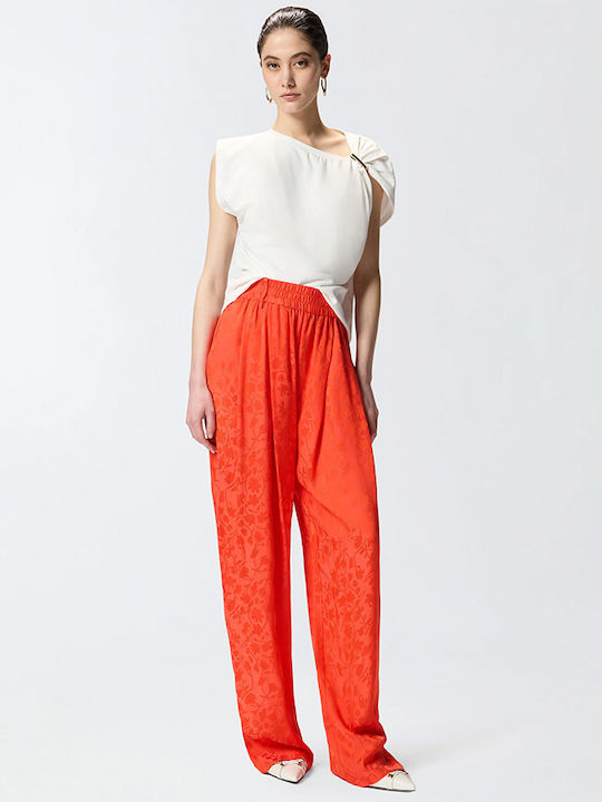 Women's High Rise Satin Trousers with Rubber Band Orange