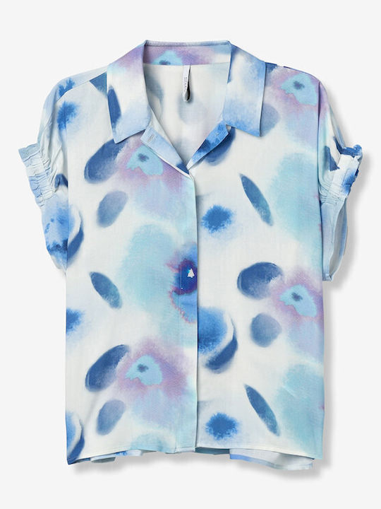 Short Sleeve Women's Shirt Blue Floral