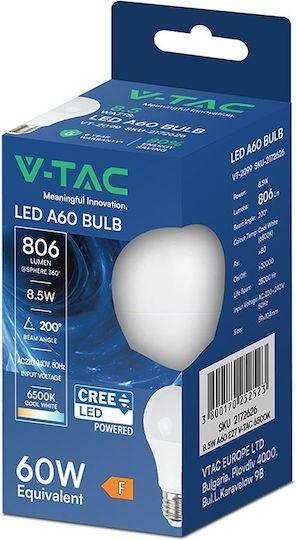 V-TAC LED Bulb 8.5W 104mm for Socket E27 and Shape A60 Cool White 806lm