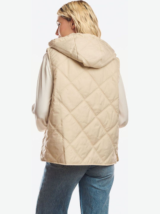 Long Women's Sleeveless Jacket for Winter Beige