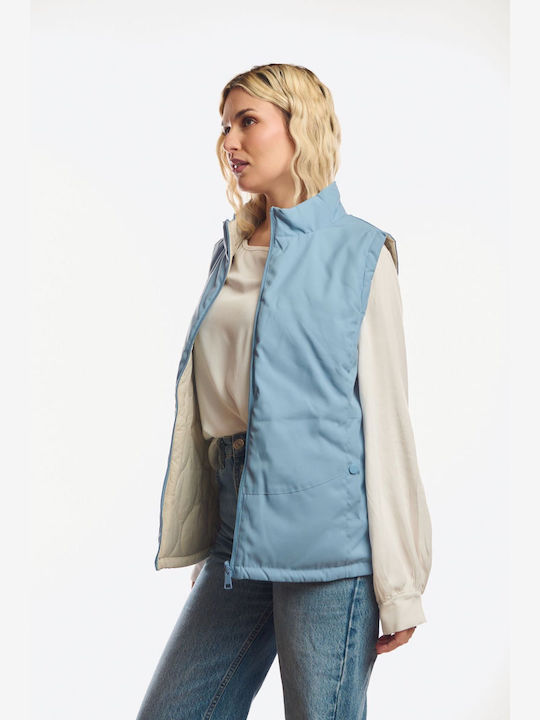 Long Women's Sleeveless Jacket for Winter Sky Blue