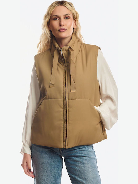 Long Women's Sleeveless Jacket for Winter Beige