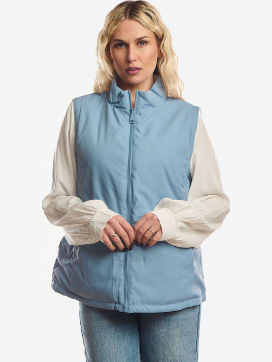 Long Women's Sleeveless Jacket for Winter Sky Blue