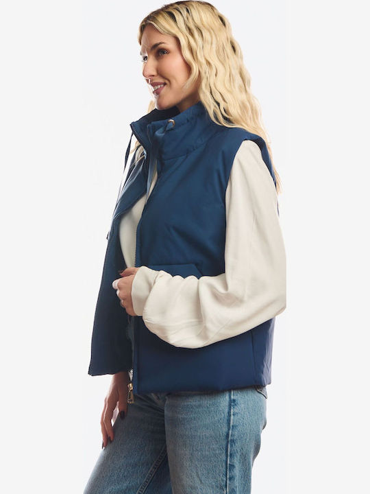 Long Women's Sleeveless Jacket for Winter Blue