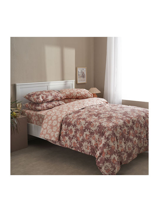 Charalambidis Textiles Χρυσάνθεμο Σετ Σεντόνια Υπέρδιπλα 220x260εκ. Κόκκινο (4τμχ)