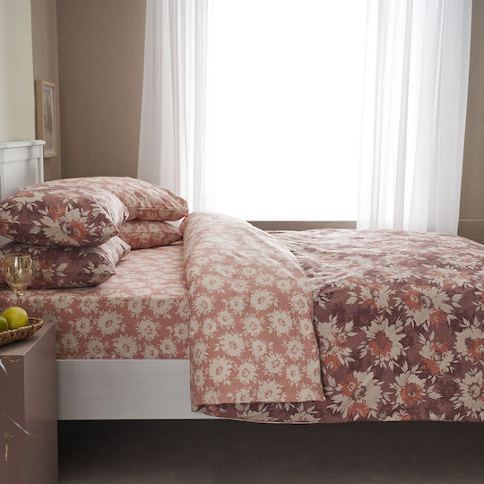 Charalambidis Textiles Χρυσάνθεμο Σετ Σεντόνια Υπέρδιπλα 220x260εκ. Κόκκινο (4τμχ)