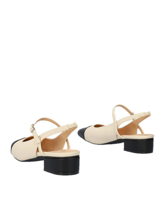 Pointed Toe Heels with Strap & Low Heel Ecru