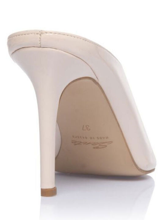 Leather Mules with Thin High Heel in White Colour