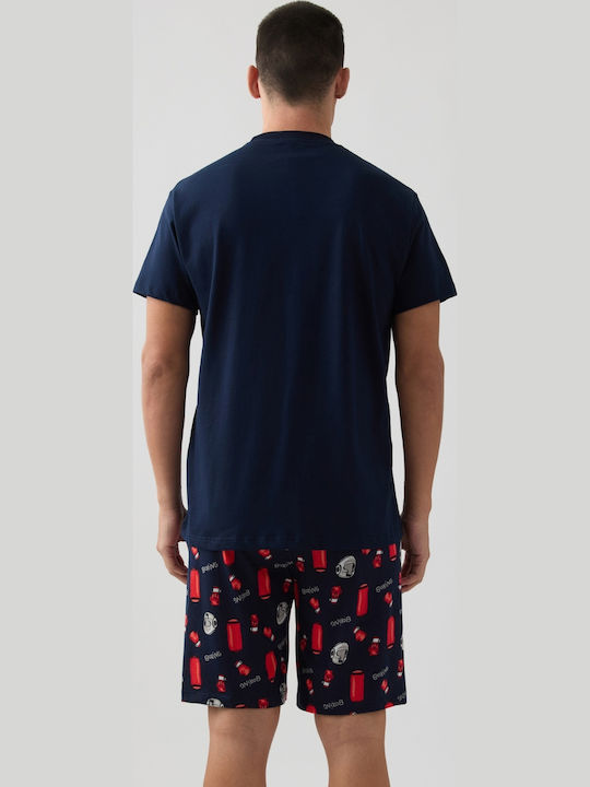 Minerva Sommer Herrenpyjama Baumwollene Marineblau