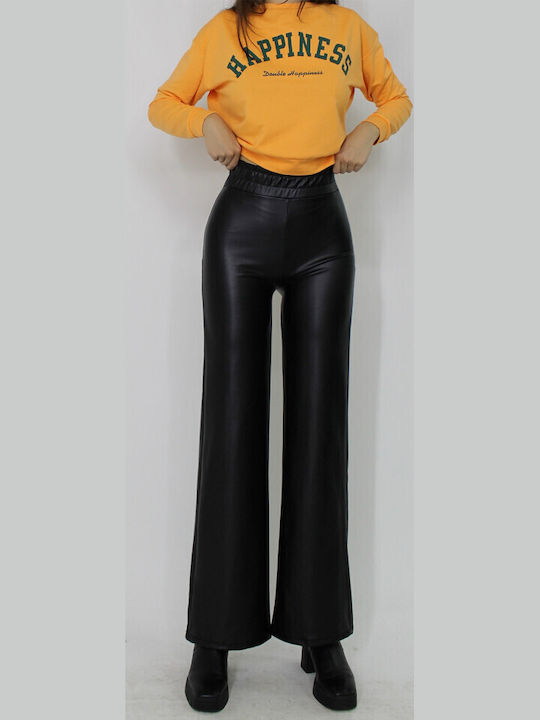 Pantaloni Dama Piele High Rise cu Pantaloni Evazați Negri