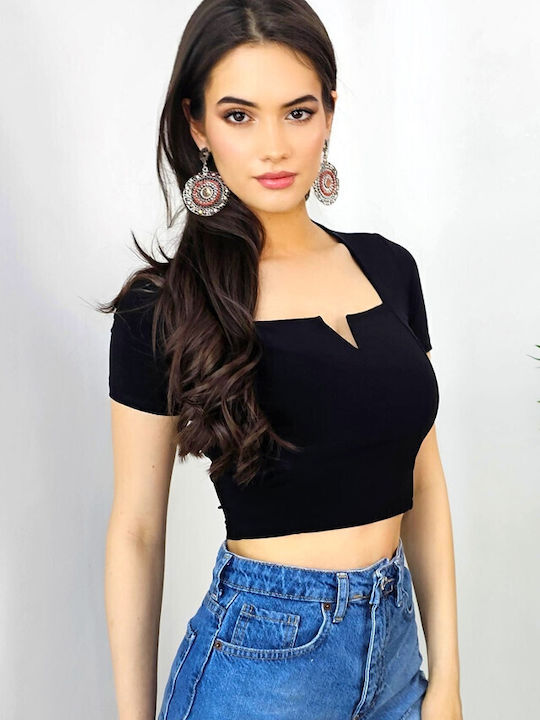 Γυναικείο Καλοκαιρινό Crop Top Βαμβακερό Κοντομάνικο Μαύρο