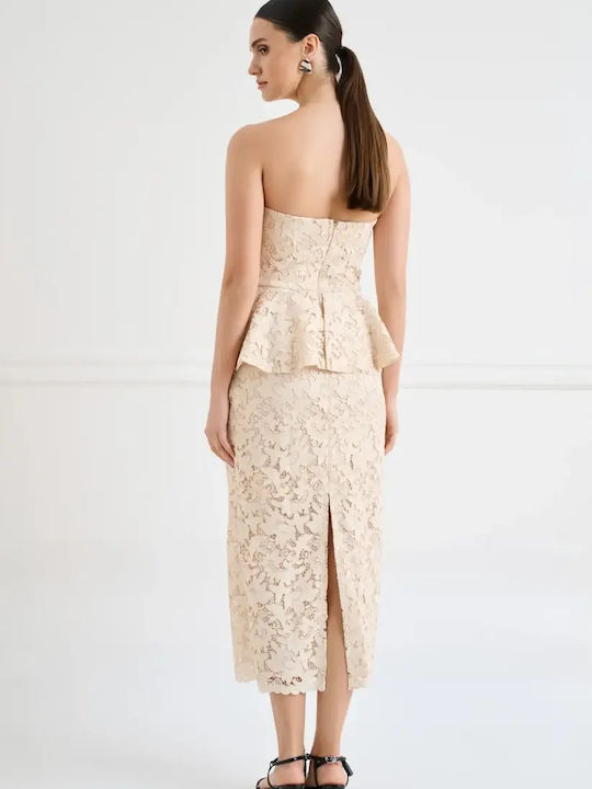 Summer Midi Dress for Wedding - Christening Strapless with Lace Beige