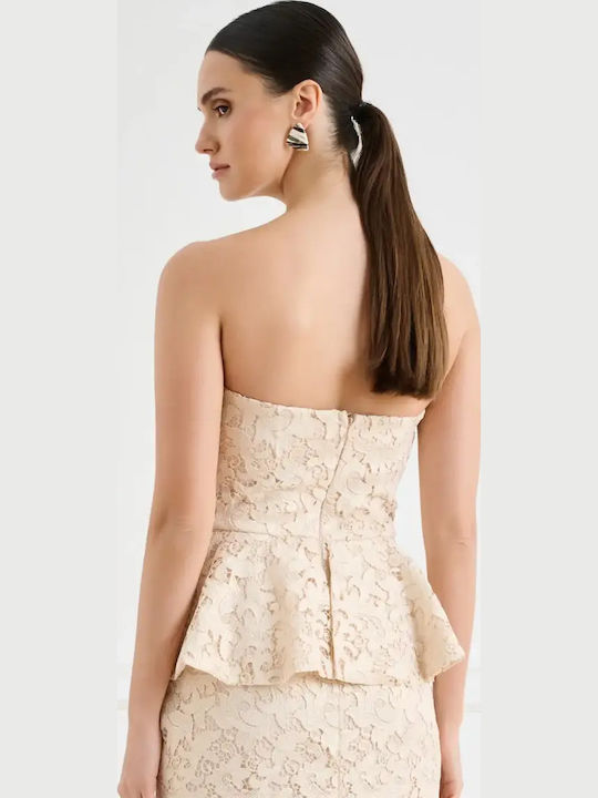 Summer Midi Dress for Wedding - Christening Strapless with Lace Beige