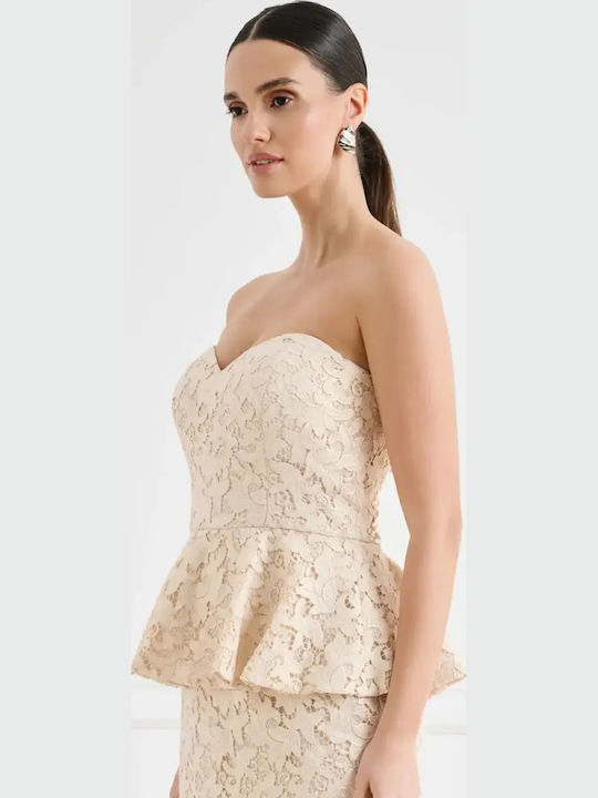 Summer Midi Dress for Wedding - Christening Strapless with Lace Beige