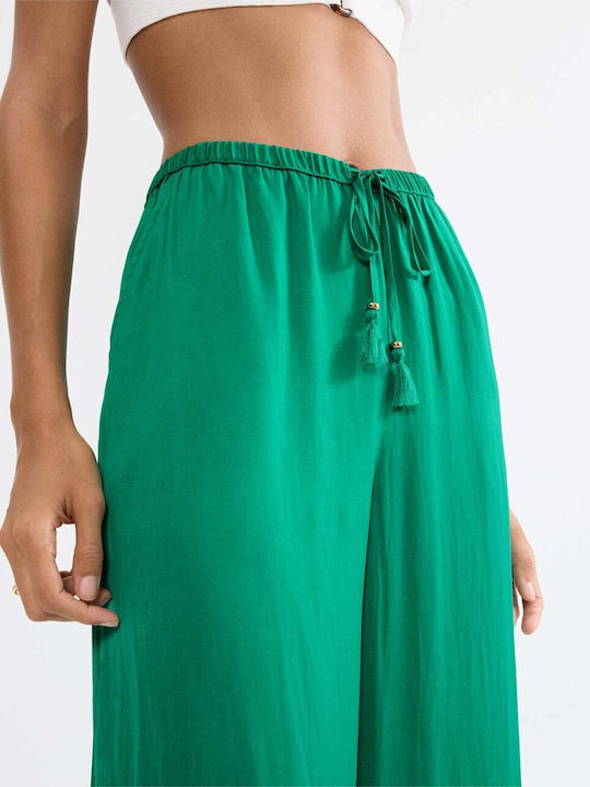 Γυναικείο Σατέν Παντελόνι με Λάστιχο Floral Palm Green