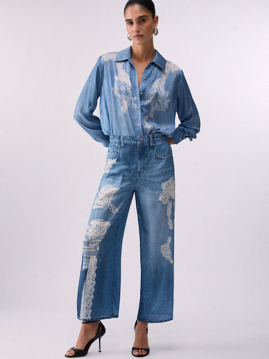 Pantaloni Dama Satin Largi Cu Pantaloni Evazați Albaștri