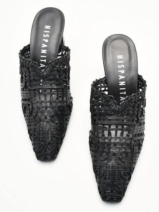 Pantofi Mules De Piele Cu Toc Gros Înalt Negru