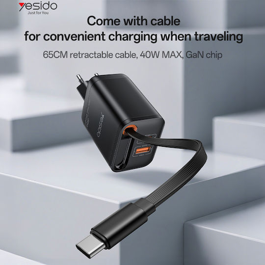 Yesido Charger with Built-in Cable with USB-A Port and USB-C Port 40W Black (YC99)