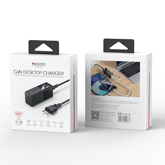 Yesido GaN Charging Station with USB-A Port and 2 USB-C Ports 100W Power Delivery in Black Colour (YC58)