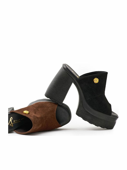 Suede Mules με Τακούνι σε Καφέ Χρώμα