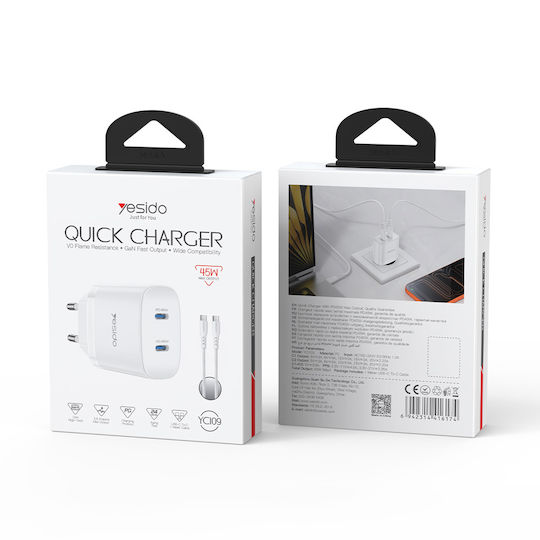 Yesido Yesido Φορteur Mit 2 USB-C Ausgangsanschlüsse Und USB-C Kabel 45W Stromlieferung Weiß (YC109)
