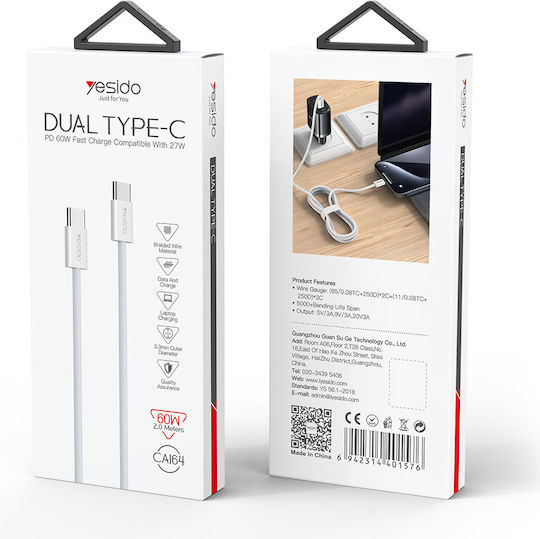 Yesido Braided USB 2.0 Cable USB-C male - USB-C 60W Λευκό 2m