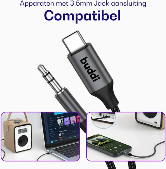 Buddi Flex USB 2.0 Cable USB-C Male - 3.5mm Black 3m