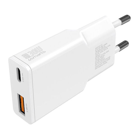4Smarts Φορτιστής Χωρίς Καλώδιο GaN με Θύρα USB-A και Θύρα USB-C 30W Power Delivery Λευκός (Slim Duos)
