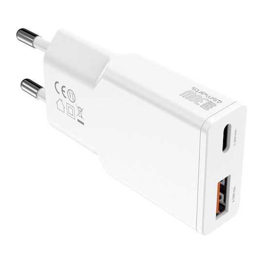 4Smarts Φορτιστής Χωρίς Καλώδιο GaN με Θύρα USB-A και Θύρα USB-C 30W Power Delivery Λευκός (Slim Duos)