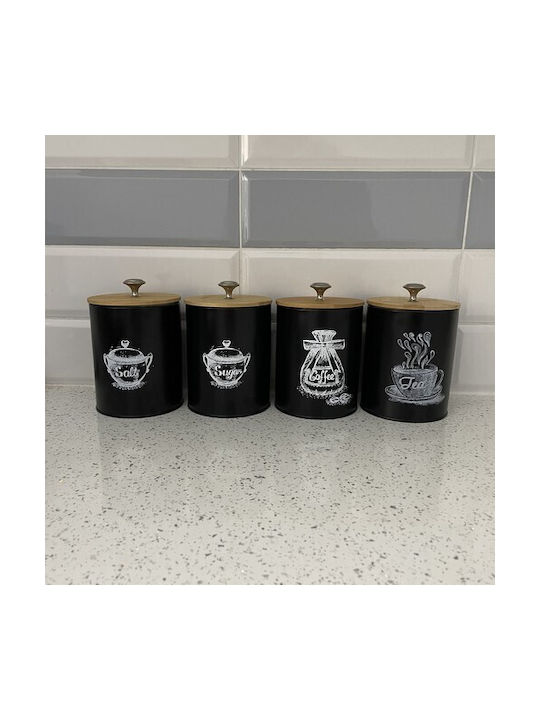 Set 4 Bucăți Vaze pentru Cafea / Zahăr / Paste / Cereale cu Capac Metalic Negru 11x11x17cm 4 Bucăți