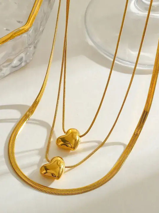 Triple Chain Necklace Edgy Hearts Gold
