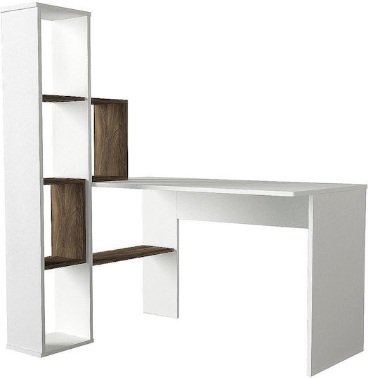 Γωνιακό Γραφείο Percy με Βιβλιοθήκη 120x90x150εκ. Λευκό / Καρυδί