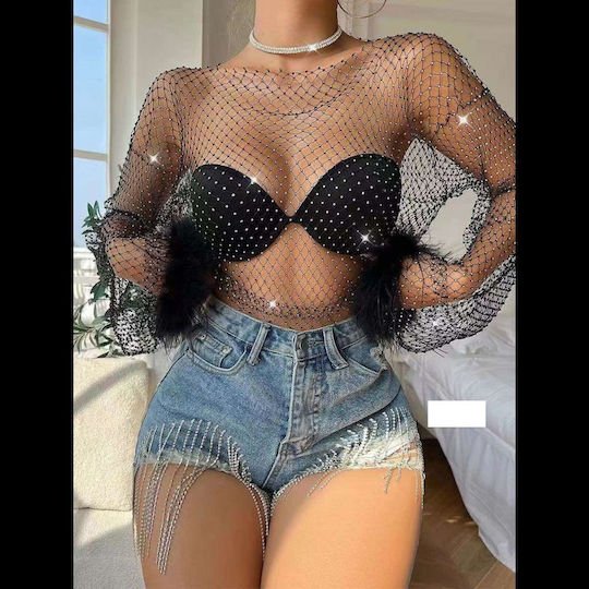 Top Cu Strasuri Mâneci Cu Pene Negru