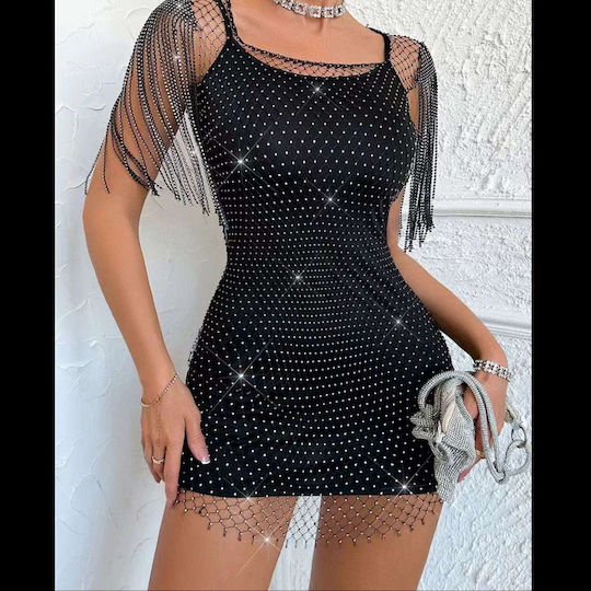 Transparent Ärmelloses Kleid Mit Strass Fransen An Den Ärmeln Schwarz