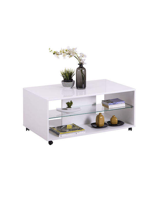 Rectangular Central Coffee Table Bert Wooden with Wheels White W101xL60xH45cm