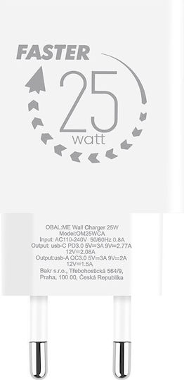 Obal:Me Зарядно без кабел с USB-A порт и USB-C порт 25W Quick Charge 3.0 Бял (OM25WCA)