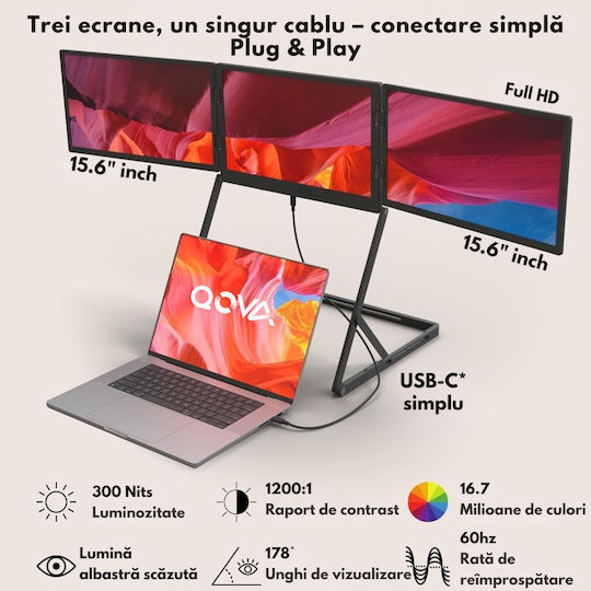 Qova Monitor Portabil Triplu Extensibil Pentru Laptop 15.6 Inch Full HD IPS 3 Monitor Extensor Ecran 1080p Conexiune USB-C HDMI 60Hz 300 Nits Compatibil Windows Mac Linux Suport Reglabil Plug And Play Display 16:9 Laptopuri 11-18 Inch