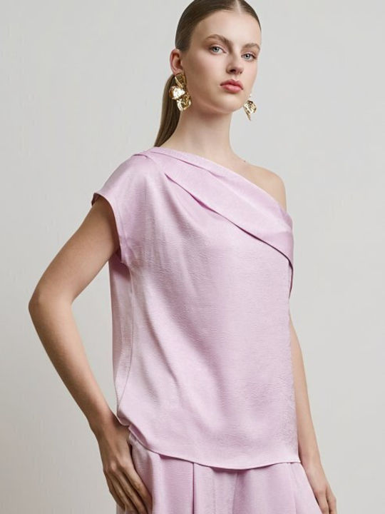 Women's Satin Off-Shoulder One Shoulder Pink Blouse