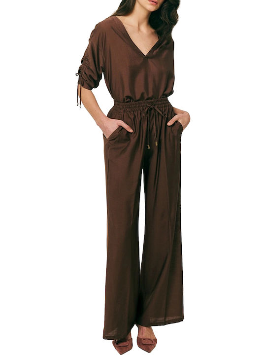 Women's Summer Linen Blouse with V Neckline Chocolate