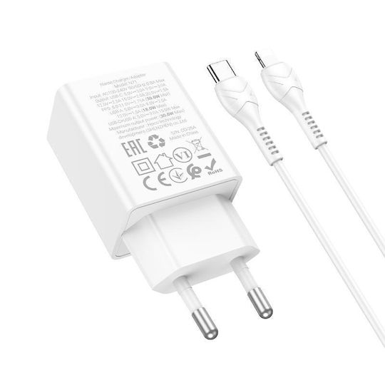 Hoco GaN Charger with USB-A Port and USB-C Port and USB-C - Lightning Cable 30W Power Delivery White (N71 Nuevo)