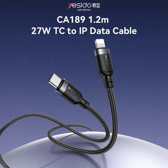 Yesido Braided USB-C To Lightning Cable 27W Black 1.2m