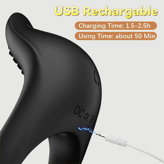 Vibrating Silicone Cock Ring Application Dolphin Ribbed App Based Silicone Cock Ring Black