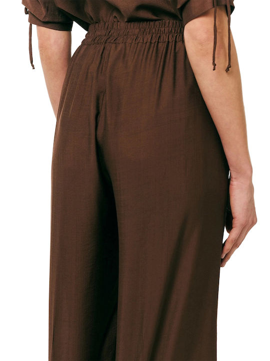 Damen Leinenhose mit Gummiband in Entspannte Passform Schokoladenbraun