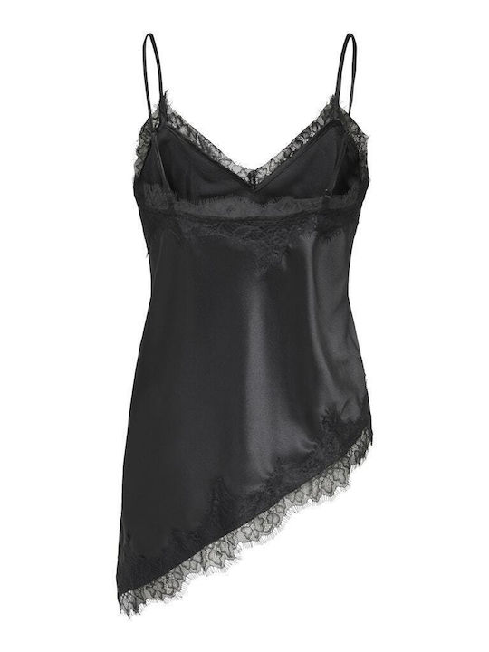 Women's Satin Blouse with Lace Black