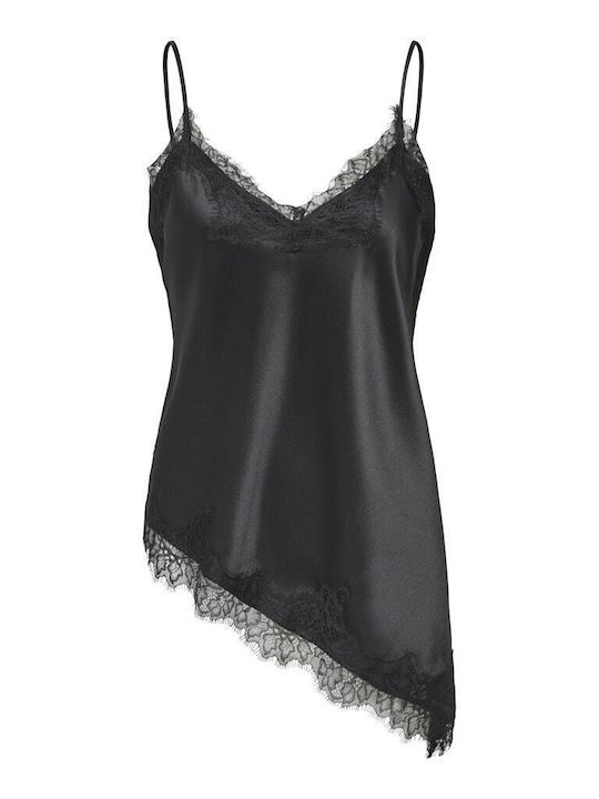 Women's Satin Blouse with Lace Black