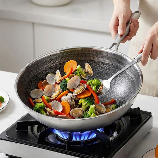 Cheffinger Wok 28 Cm Stainless Steel Induction Compatible 3d Honeycomb Anti-scratch Coating Black Silver