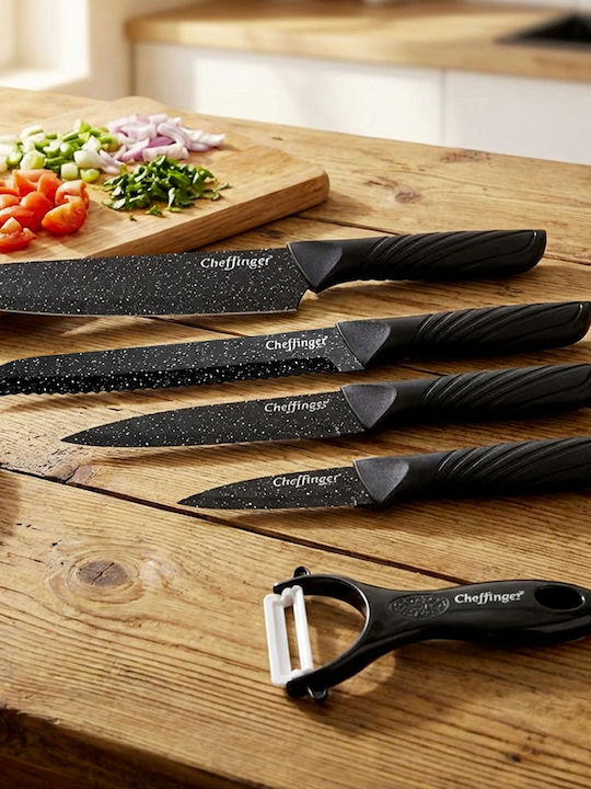 Cheffinger Set 6 Non-stick Marble-effect Knives Peeler Smooth Handles Black
