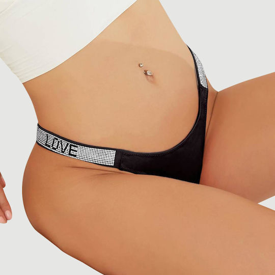 Plus Size Sexy Unterwäsche String Love Letter Rhinestones G String Diamanten Tanga Niedrige Taille – Schwarz